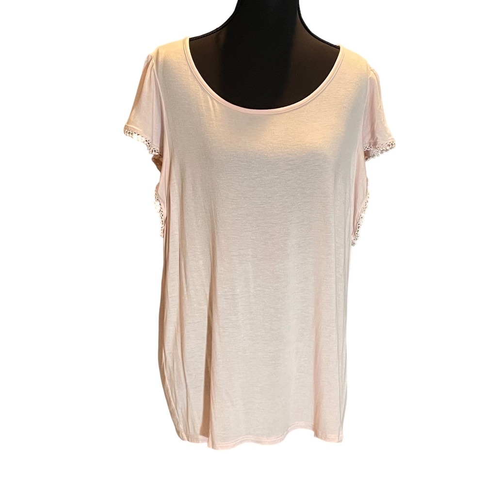 Cato Large Pale Pink Scoop Neck Short Sleeve Crochet Lace Trim Knit Top Coquette